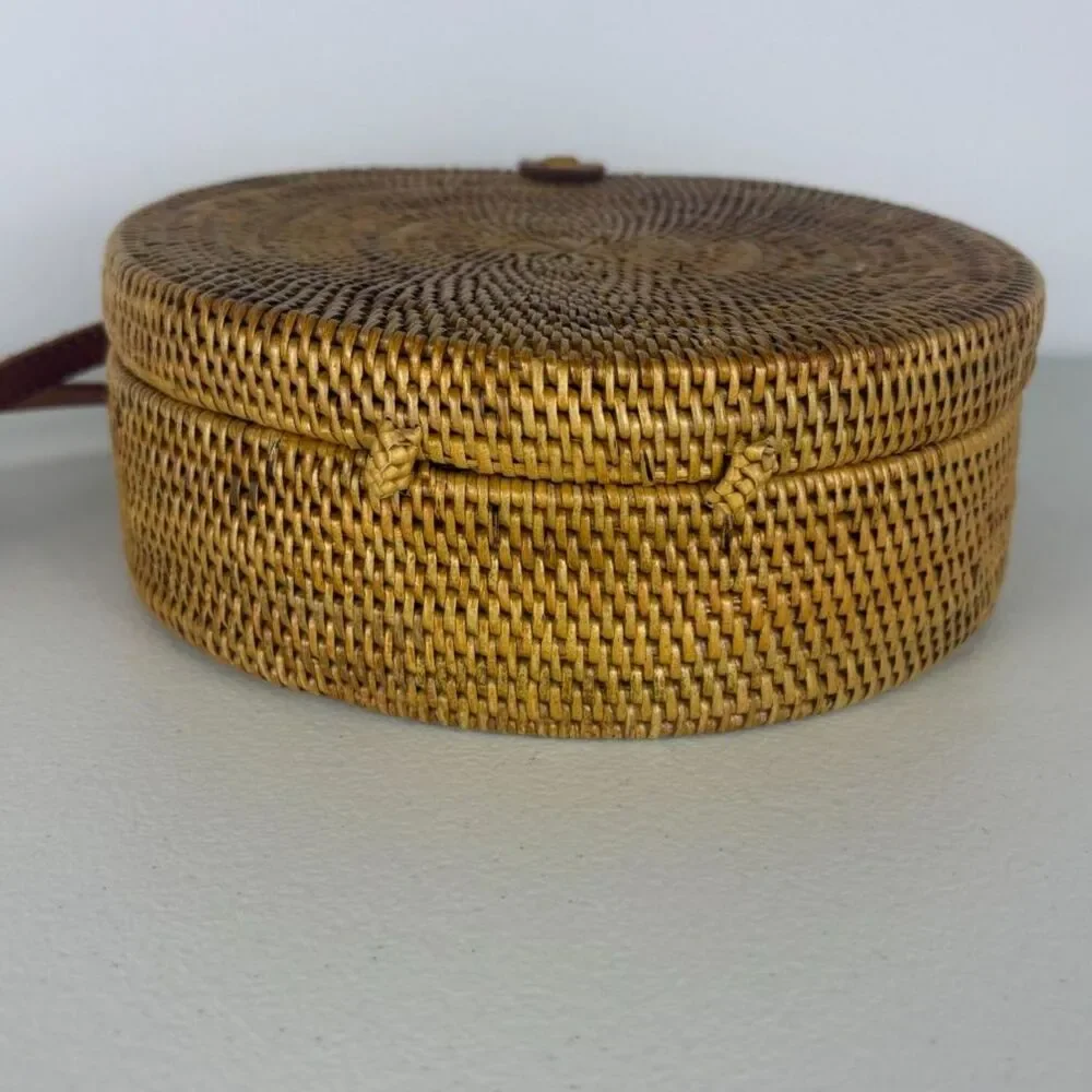 Bali Ata Grass Round Crossbody Bag Rattan Leather Batik Lined Boho Wicker Purse